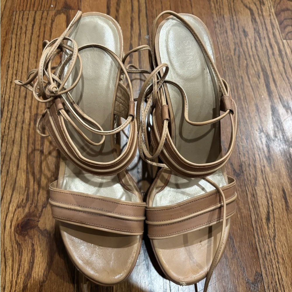 Tan platform wedge lace up Stuart weitzman sandals sz 10